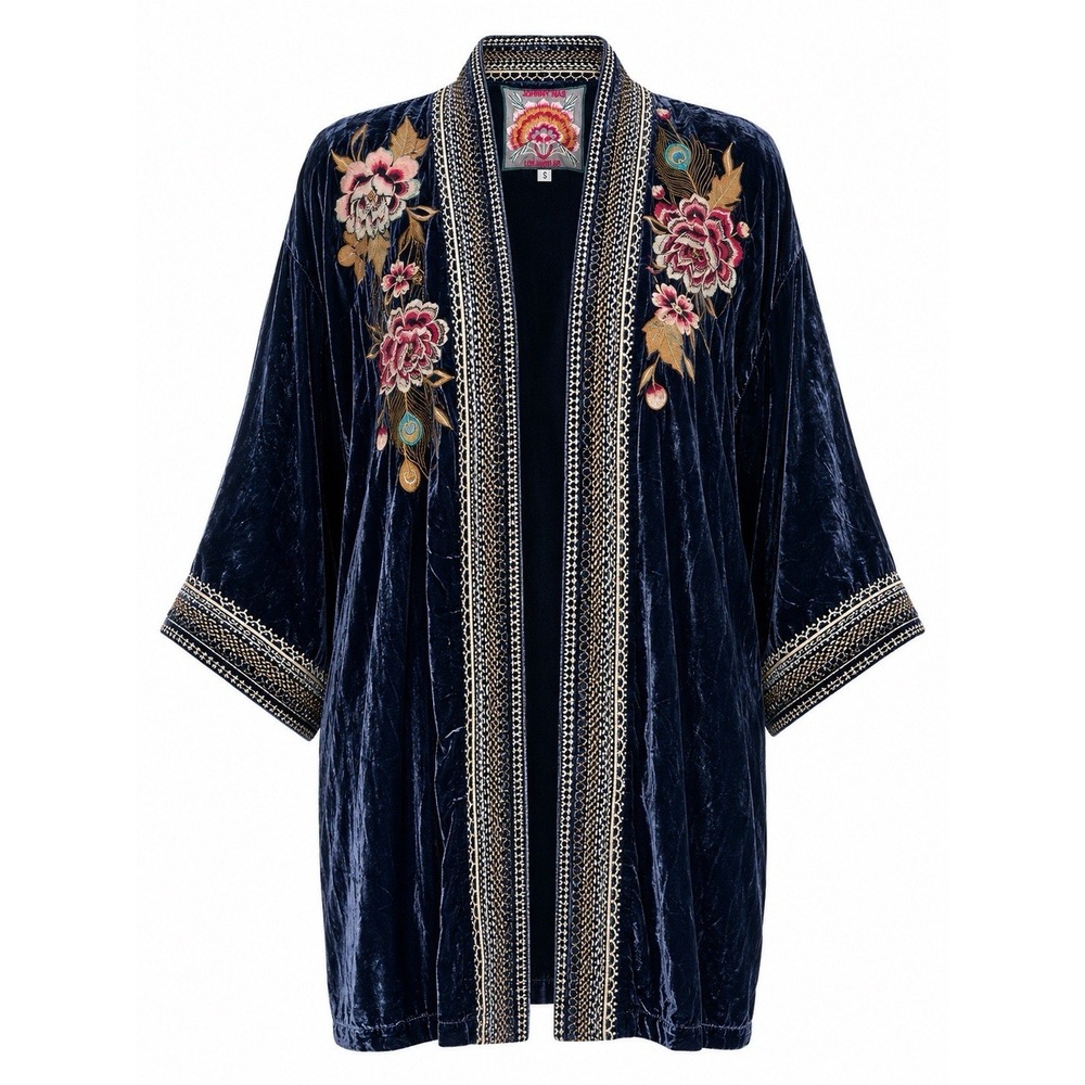 Johnny Was Quito Velvet Silk Navy Blue Kimono Duster Peacock Embroidered Sz S